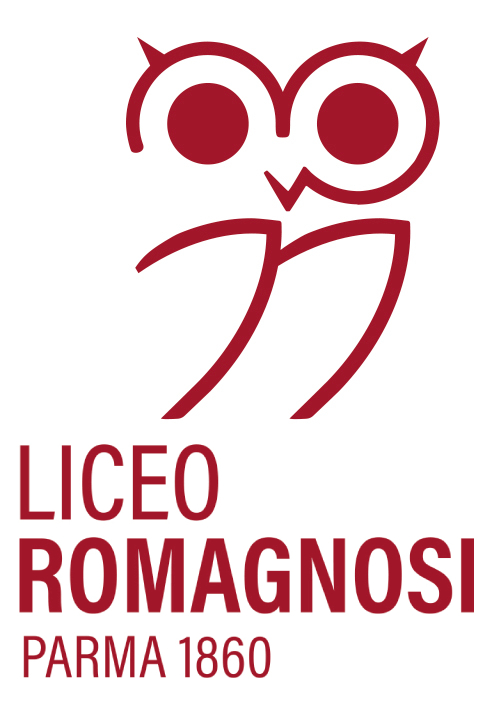 Logo del Liceo Romagnosi compatto verticale - con immagine stilizzata di un gufo e nome dell'istituto