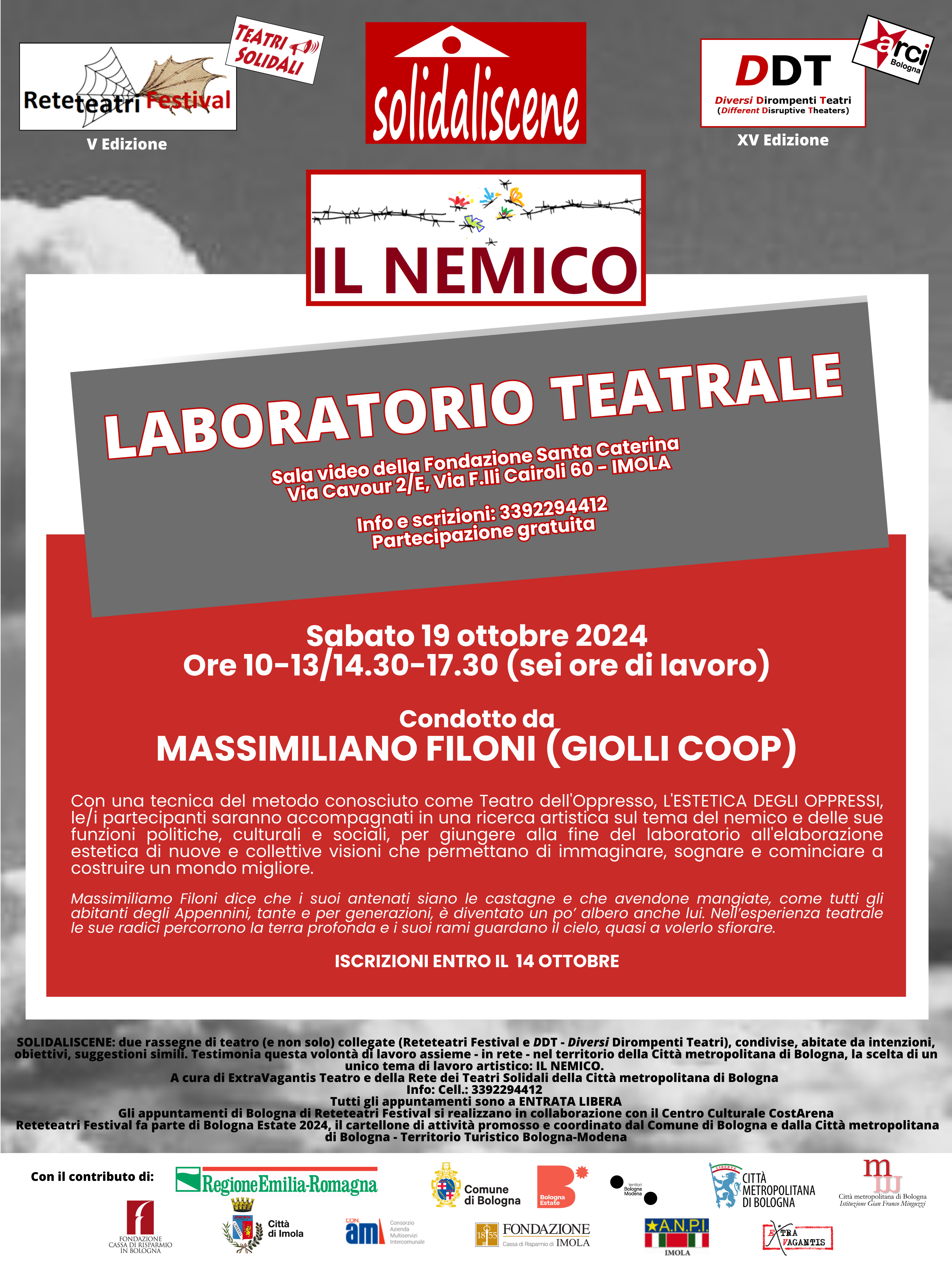 locandina laboratorio teatrale "Il Nemico" condotto da Massimiliano Filoni alla rassegna Diversi Divergenti Teatri di Imola il 19 ottobre 2024